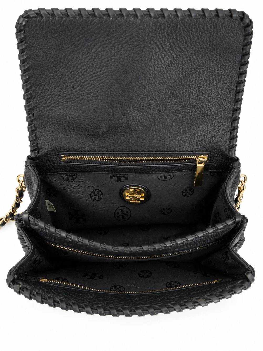 Tory Burch Black Leather Crossbody Bag with Braided Trim & Gold Chain